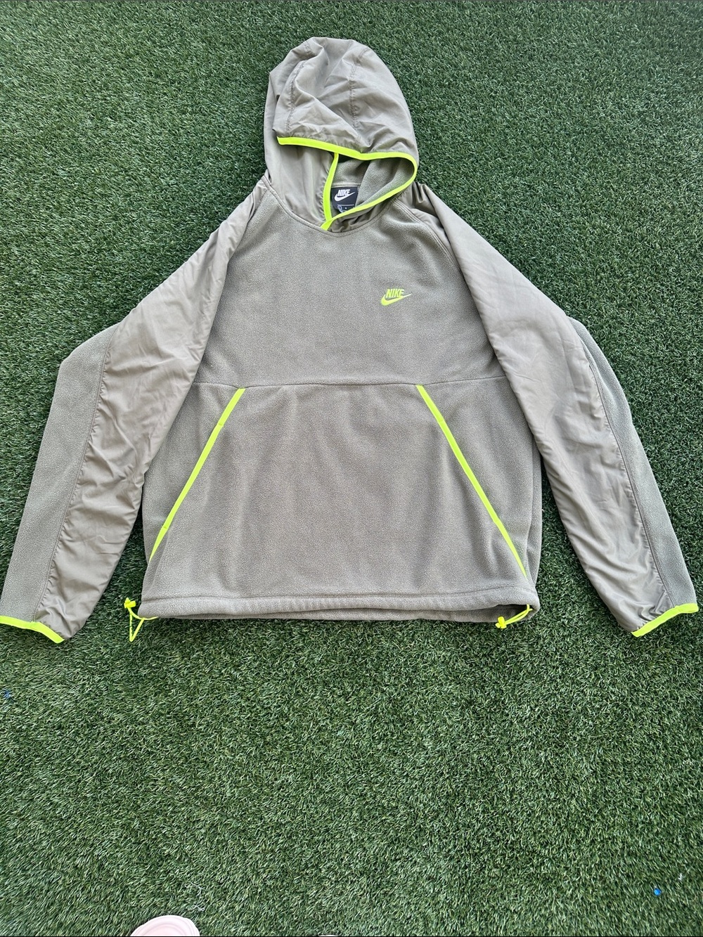 Nike Men’s Olive Green Crewneck Hoodie with Neon Yellow Trim